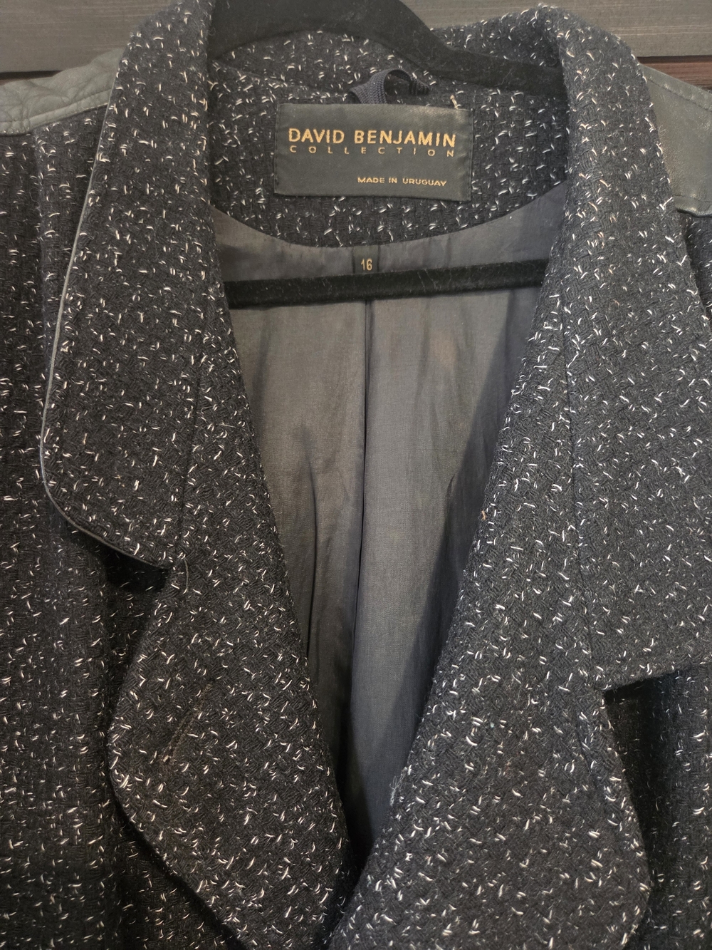 David Benjamin Collection Women’s Size 16 Black Tweed Wool Coat Leather Trim - Picture 2 of 10